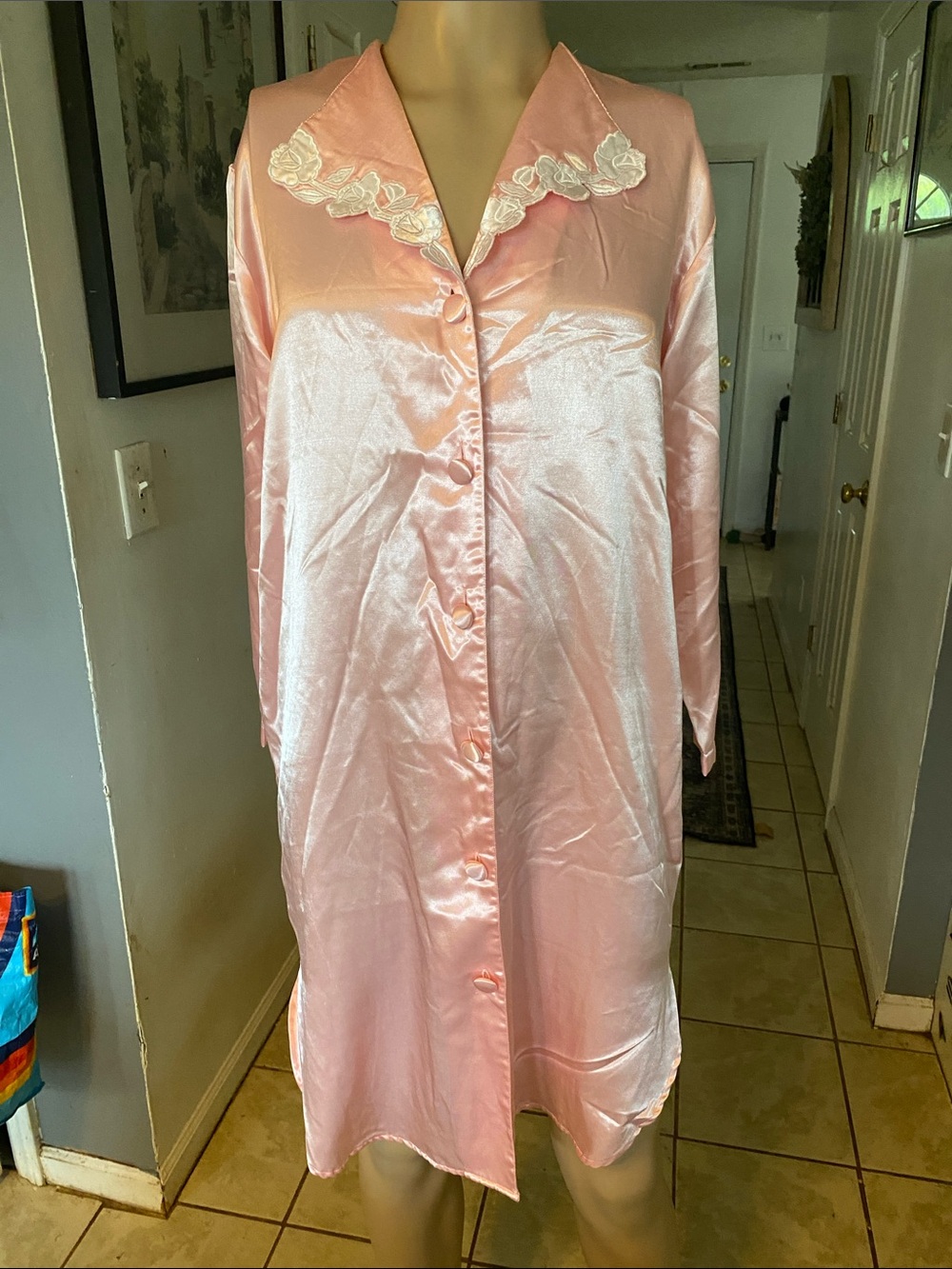 Victoria's Secret Pink Satin Button-Front Night shirt with White Lace Collar